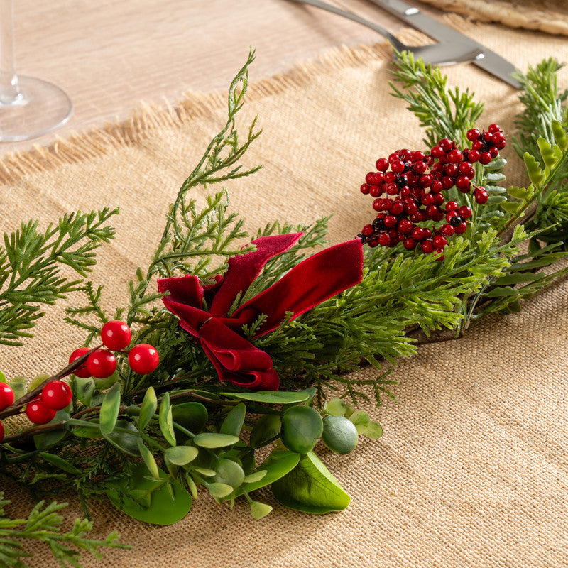 Red Berry & Pine Cone Garland with red velvet bows 180cm